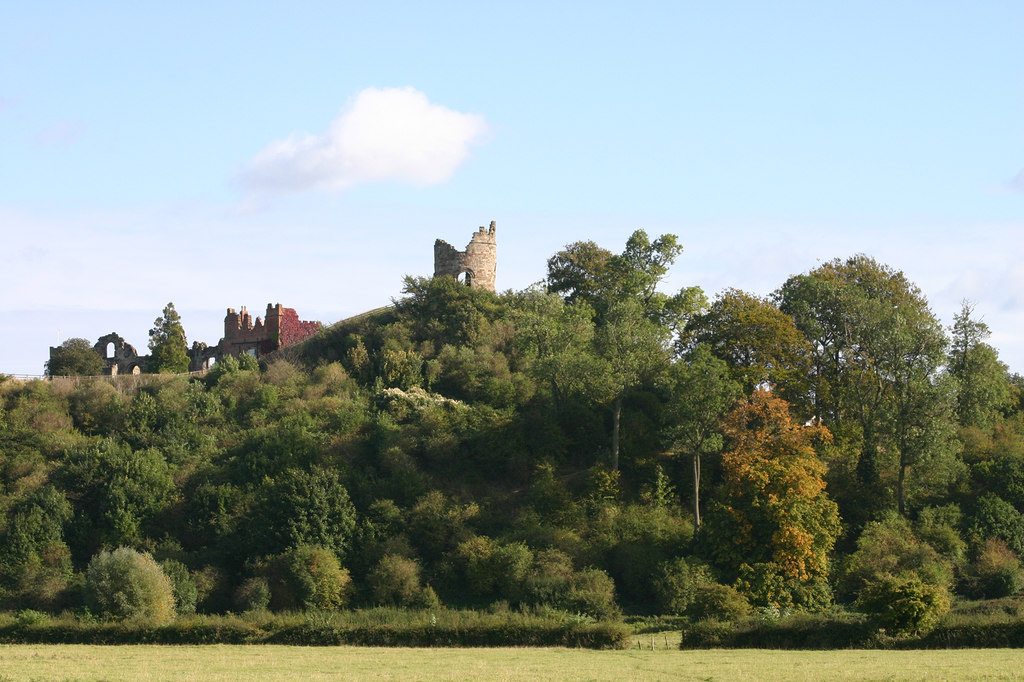 The ruins of Tutbury Castle on its wooded hill